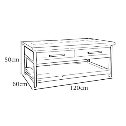Black and white line drawing of a two-drawer coffee table with dimension labels showing 120cm length, 60cm width, and 50cm height.