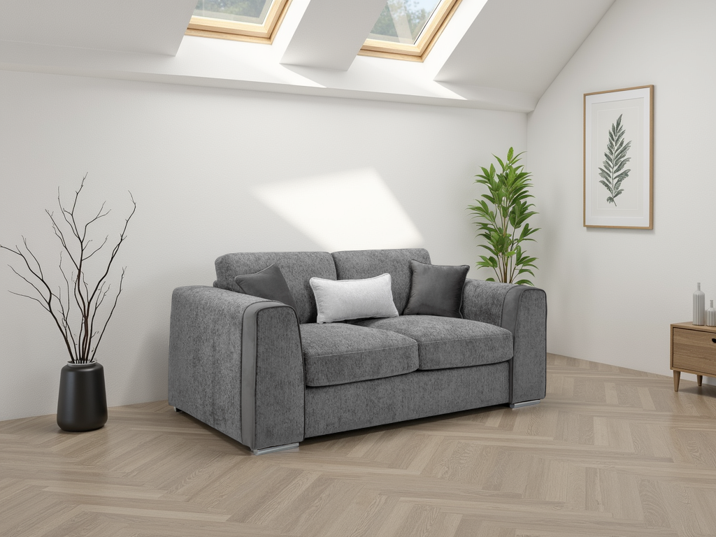 Gray sofa in a modern living room with skylights and plants.