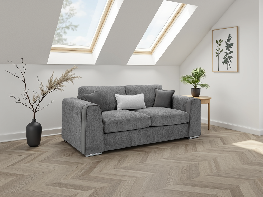 Gray sofa in a room with skylights and decorative plants