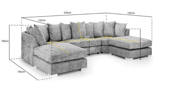 Gray sectional sofa with dimensions marked on a white background