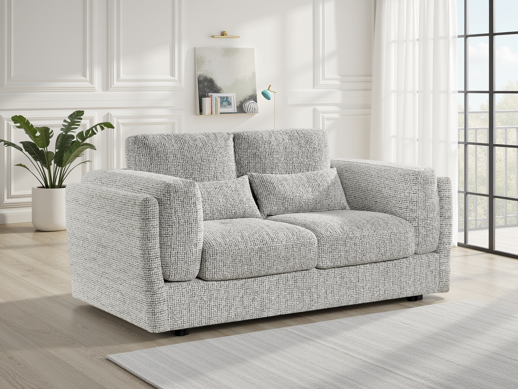 Gray sofa in a living room with a plant and window in the background