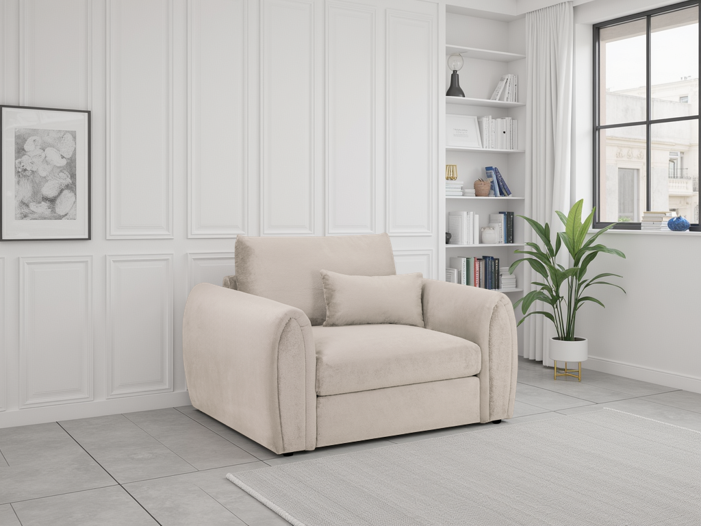Beige armchair in a modern living room with white walls and decor.