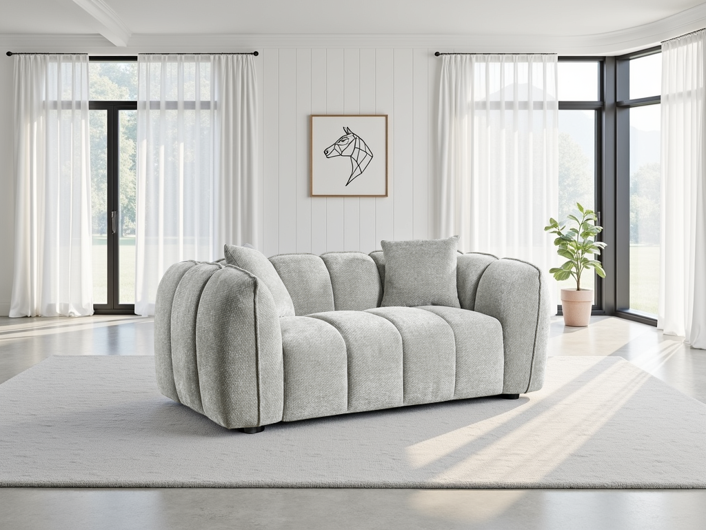Gray sofa in a modern living room with large windows and a plant.
