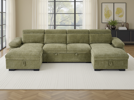 Green sectional sofa in a living room with large windows and decor.