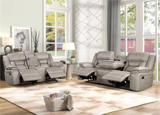A three-piece light gray reclining living room furniture set, including a loveseat and two recliners, arranged on a checkered beige and white rug in a bright, modern living room.