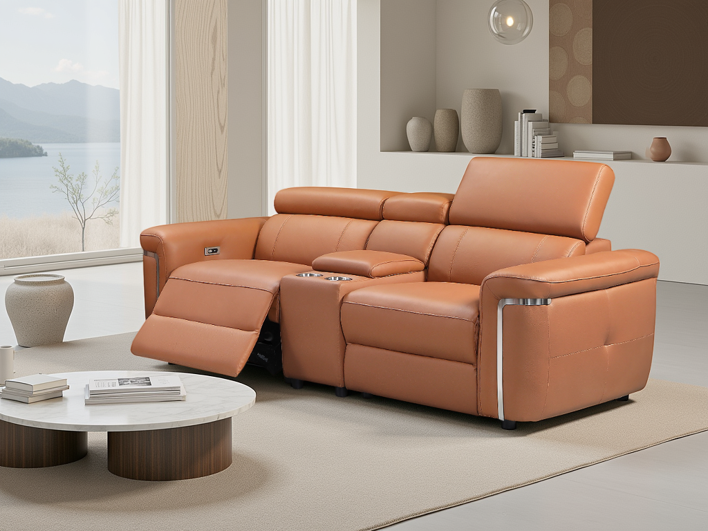 Brown leather sectional sofa in a modern living room with a view of a lake.