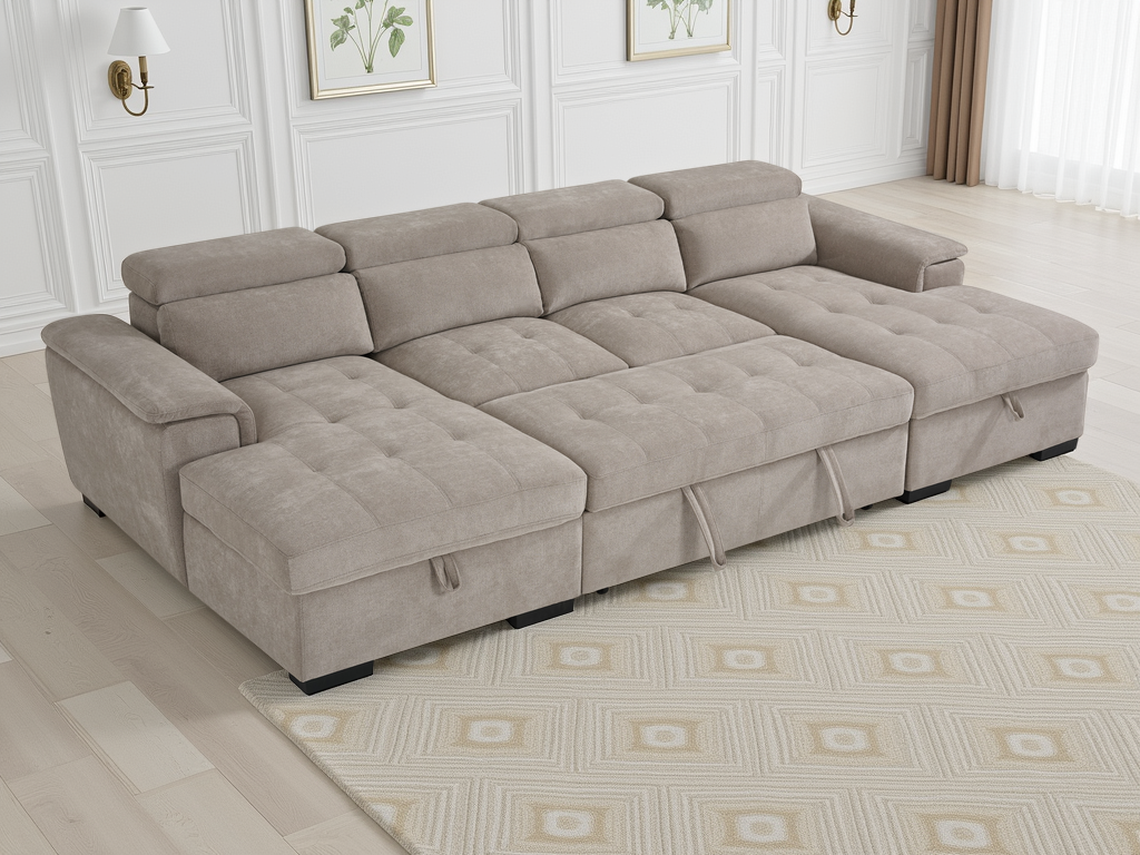 Beige sectional sofa in a room with white walls and a patterned rug.