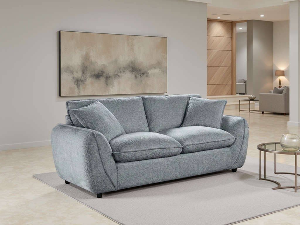 Gray sofa in a modern living room with abstract art on the wall.