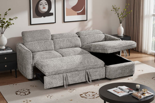 Gray sectional sofa with storage drawers in a living room setting.