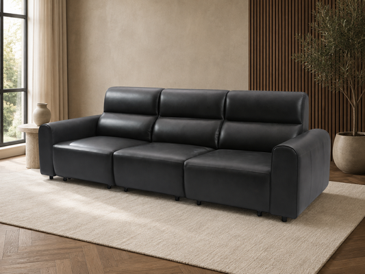 Conway black electric three-seater sofa displayed in a contemporary living room