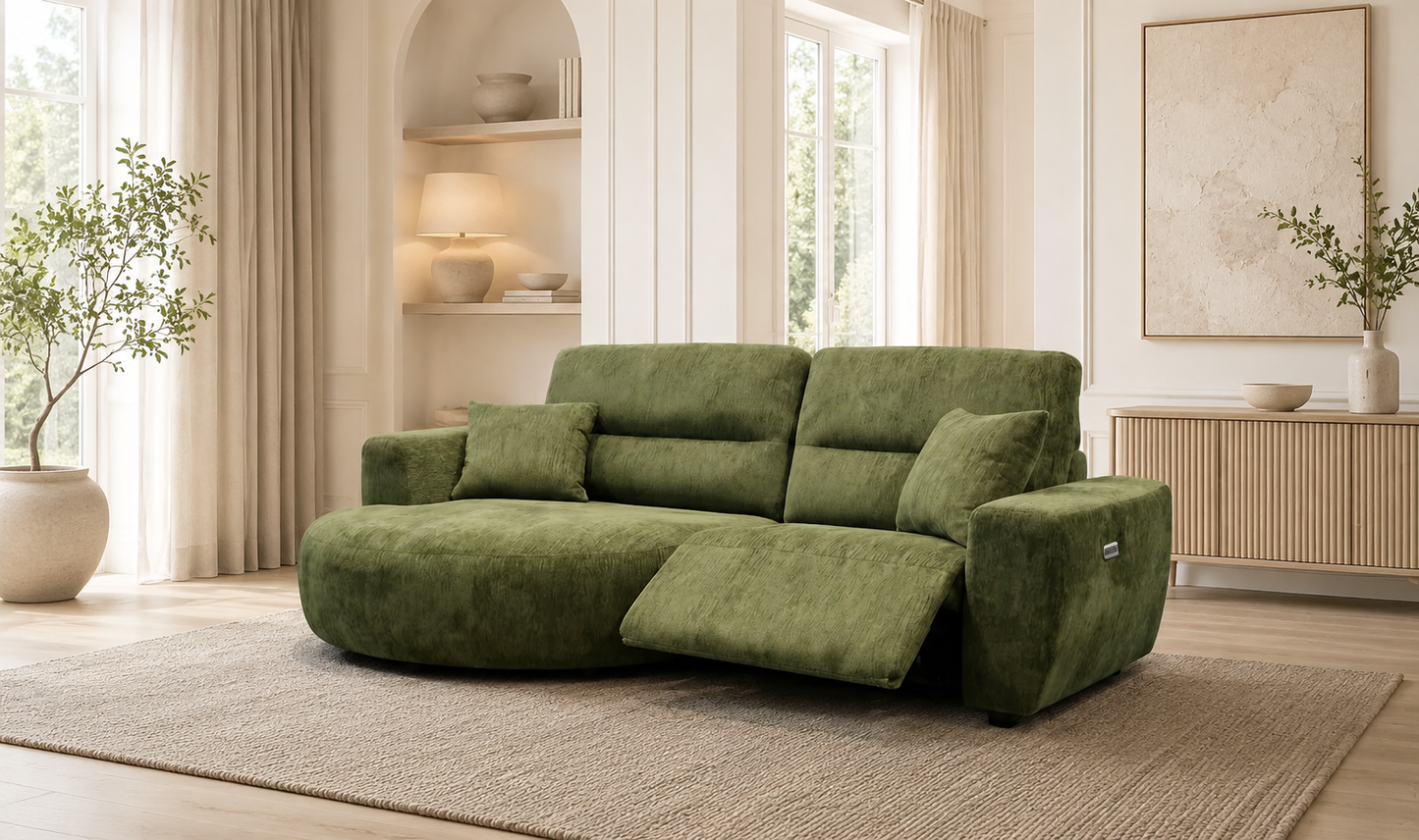 Denver green left-hand electric recliner corner sofa in a modern living room