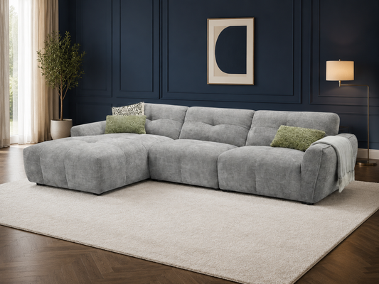 Montana grey left-hand corner sofa with spacious chaise and deep cushioned fabric seating
