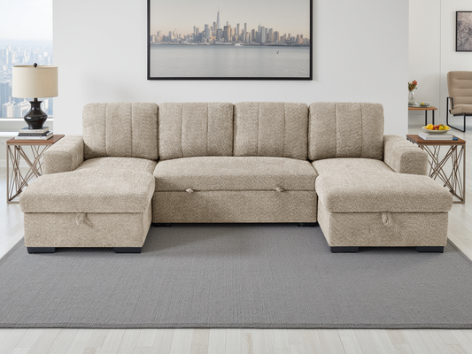 Beige sectional sofa in a living room setting with a cityscape painting on the wall.