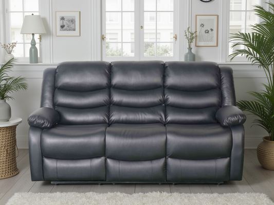 Black leather sofa in a living room setting with plants and decor.