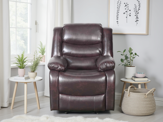 Brown leather recliner chair in a room with plants and a window.