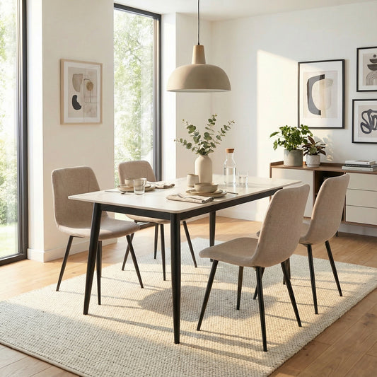 Modern dining room with a table and chairs in a well-lit room.