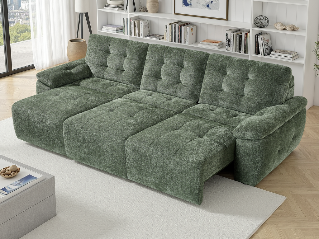 Green sectional sofa in a living room setting with a bookshelf in the background.