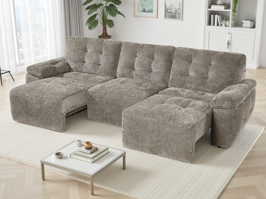Mushroom sectional sofa in a living room setting with a coffee table and decor items.