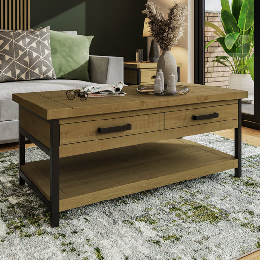 Wooden coffee table with drawers in a living room setting