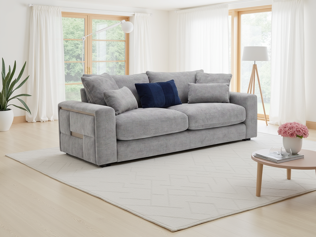 Gray sofa in a living room with a coffee table and decorative items.