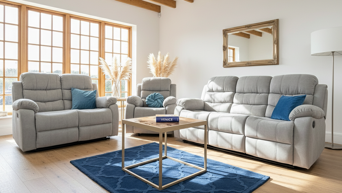 Gray recliner sofa set in a living room with a blue rug and coffee table.