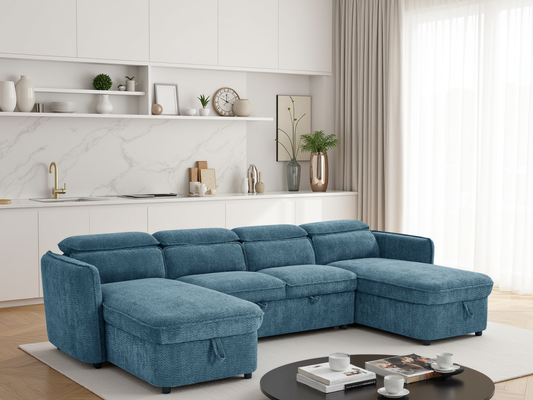 Blue sectional sofa in a modern living room with white walls and decor.