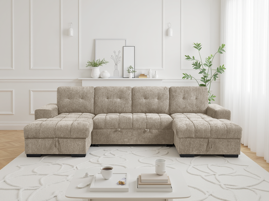Beige u shape large sofa shown in a modern living room setting.