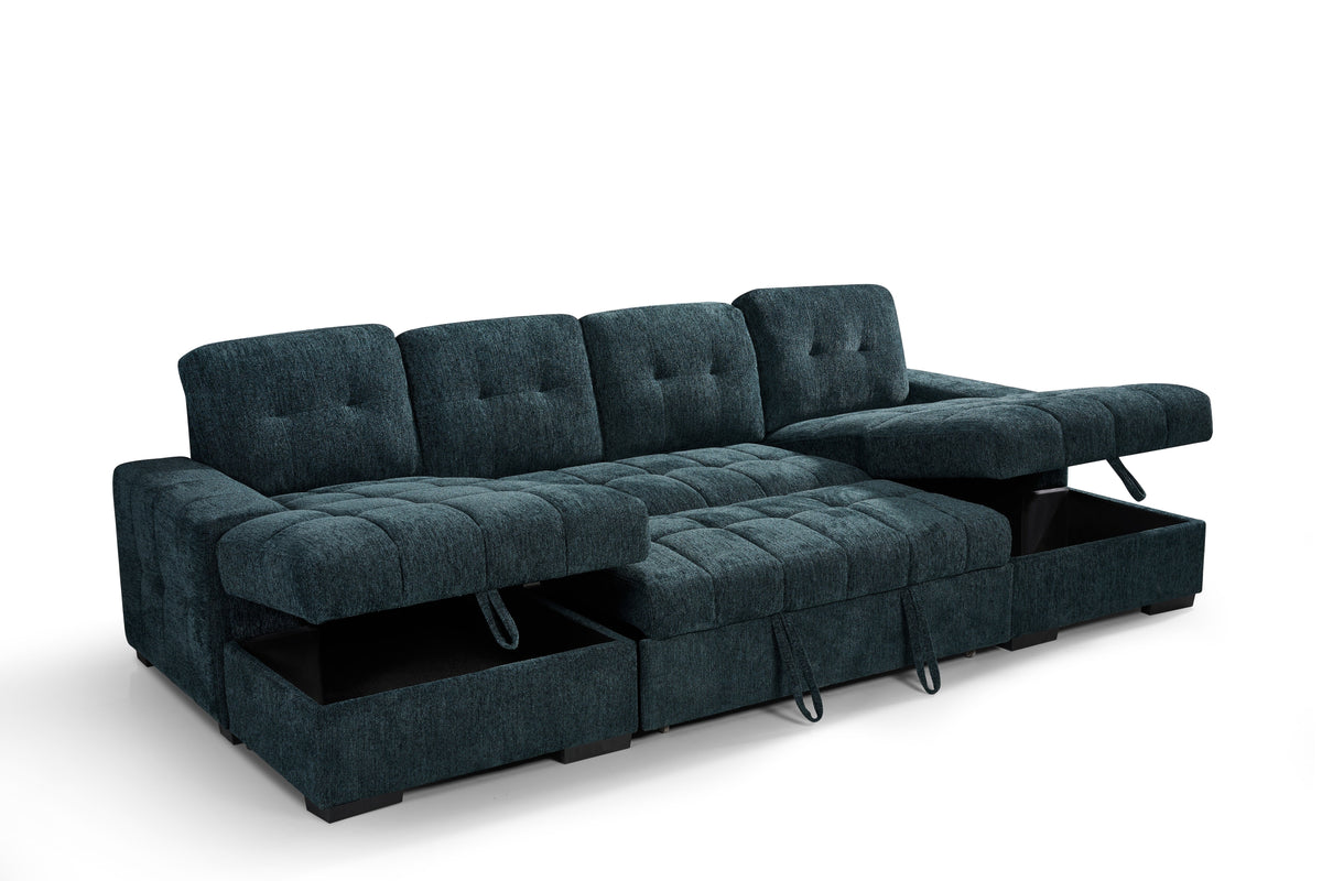 Teal sectional sofa with storage drawers on a white background