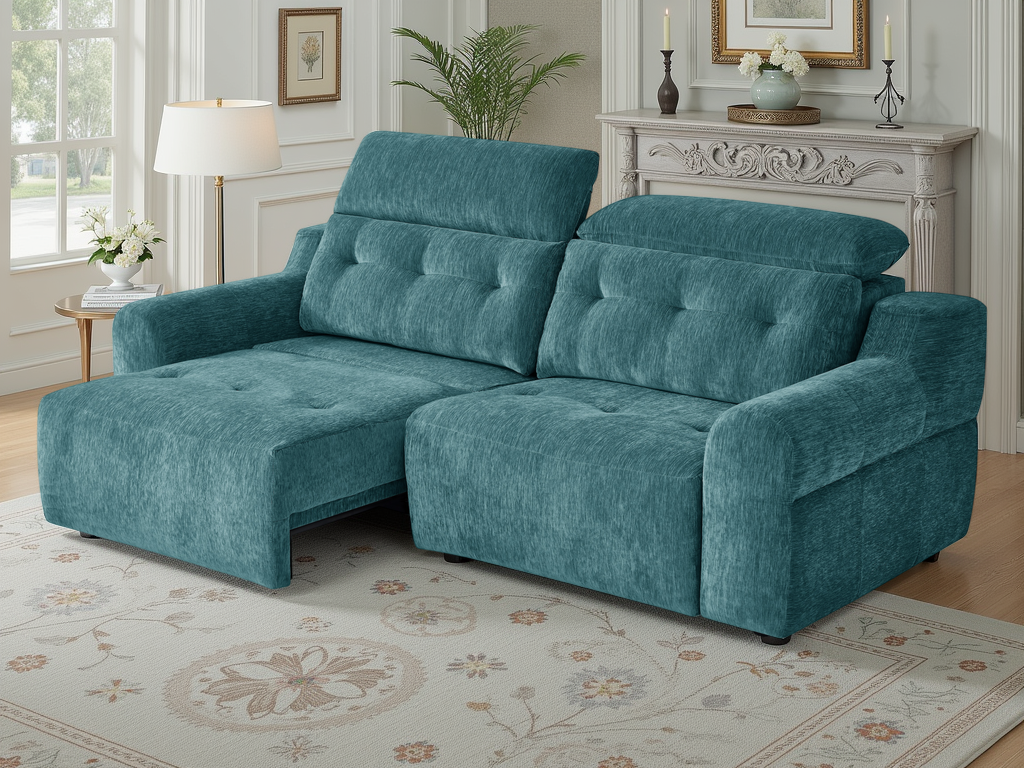 A teal blue tufted fabric chaise lounge chair placed in a styled living room with a patterned rug, lamp, and fireplace mantel.