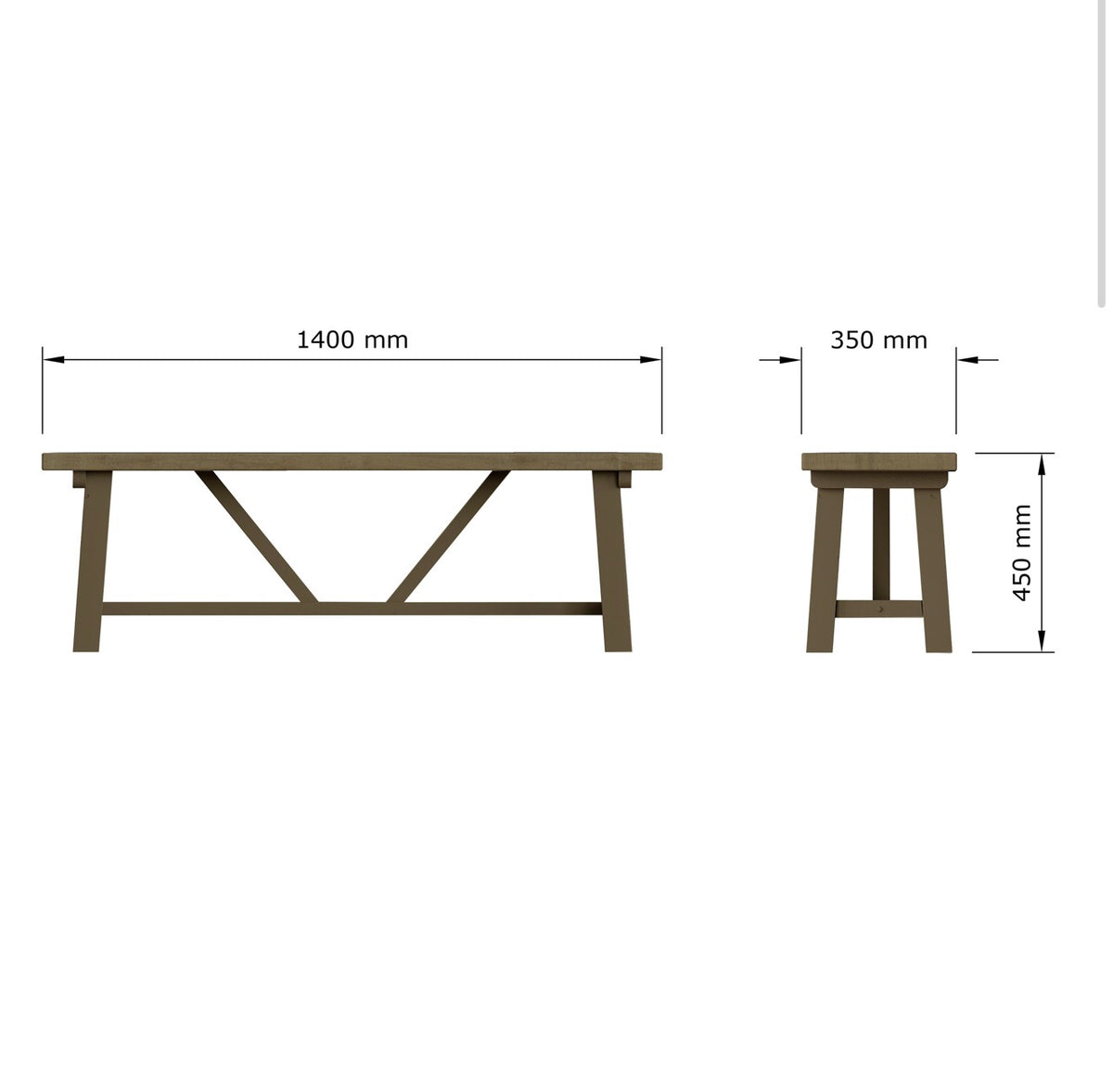 A dimension diagram showing a wooden table from two angles with measurements: 1400 mm length, 350 mm width, and 450 mm height.