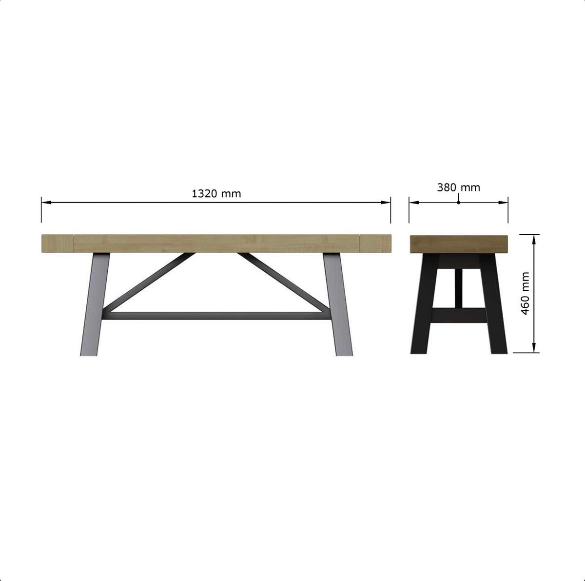Side view of a A modern bench. white background with measurements