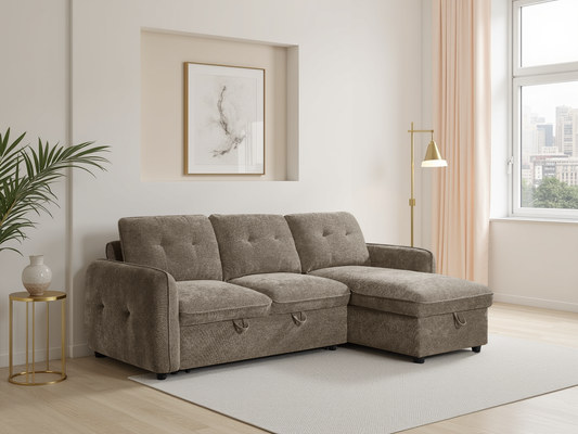 Brown sectional sofa in a living room with a side table, lamp, and window.