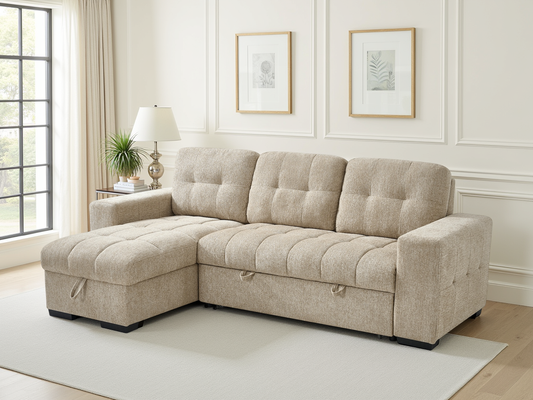 Beige sectional sofa in a living room with white walls and decor.