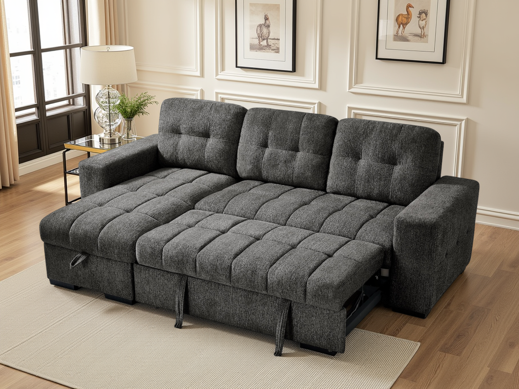 Gray sectional sofa in a living room setting with decor elements.