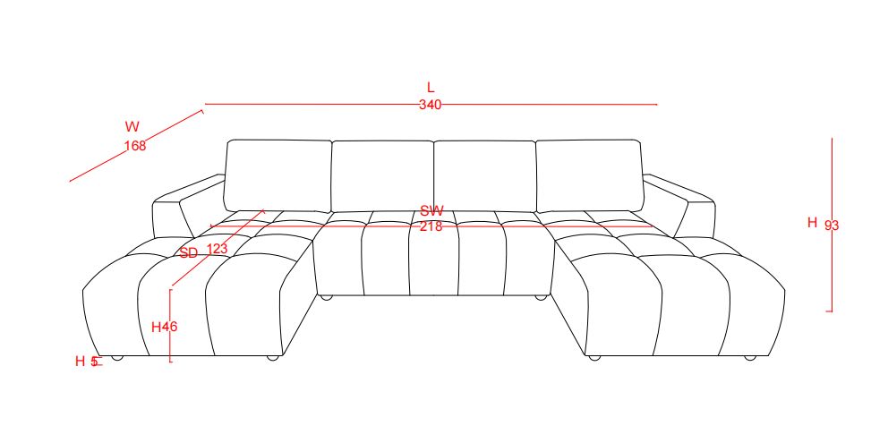 Technical drawing of a sectional sofa with dimensions labeled