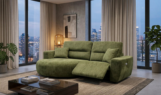 An olive green modular sectional sofa with a reclining chaise lounge.
