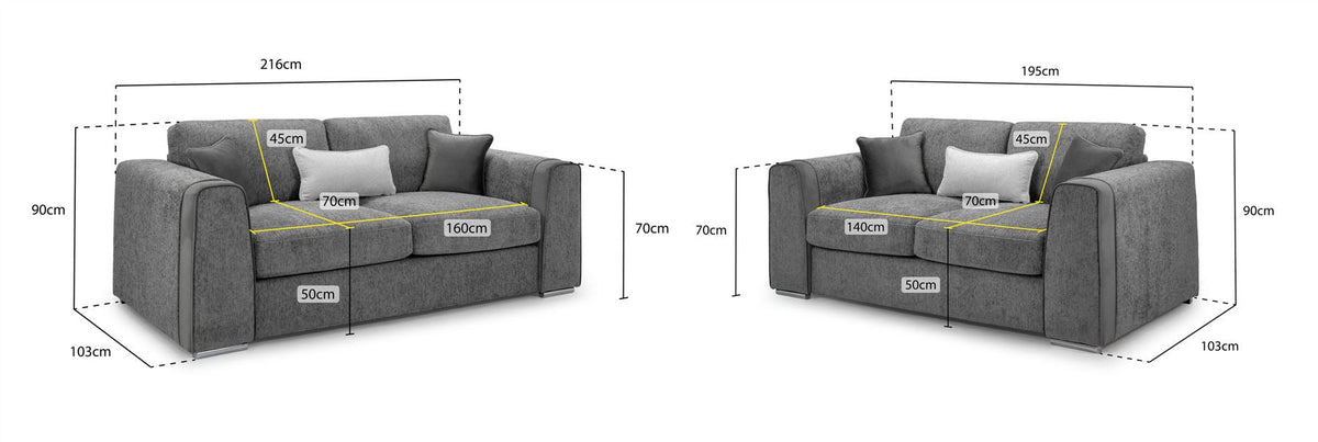 Gray sofa set with dimensions labeled on a white background