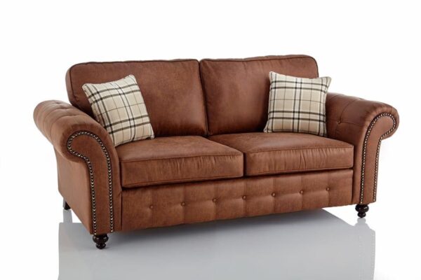 A brown leather loveseat sofa with rolled arms, nailhead trim on a white background.