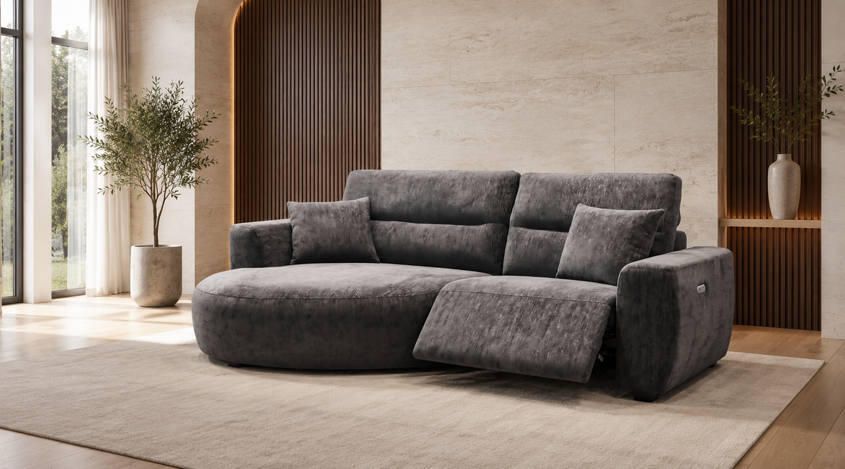 Shop the Denver black left-hand electric recliner corner sofa, featuring soft fabric upholstery and spacious seating. Dimensions: 229 × 141 cm.