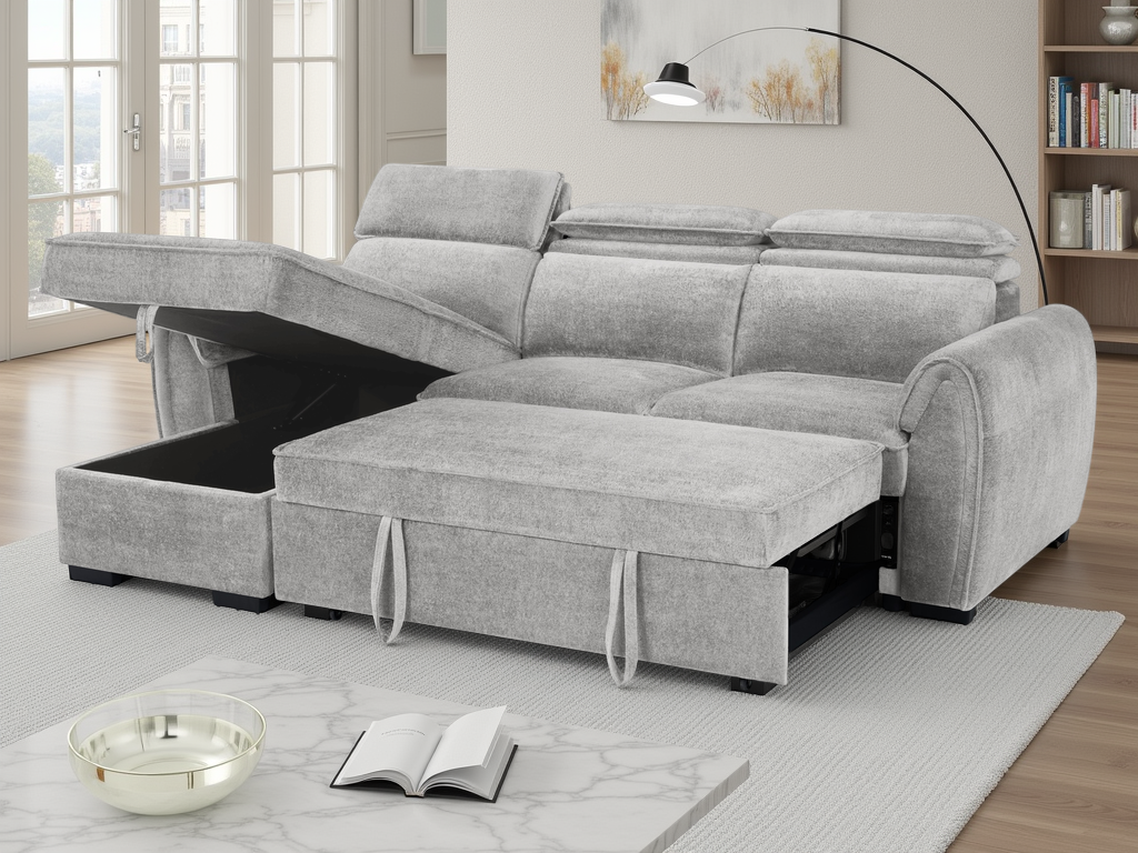 Montrose grey universal corner sofabed with adjustable headrests, storage chaise and pull-out sleeping area
