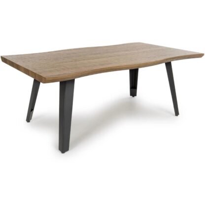 A live-edge wooden dining table with a natural wood top and four black metal legs, shown on a white background.