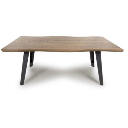 A rectangular coffee table with a wavy, live-edge natural wood top and four black metal legs, shown against a plain white background.