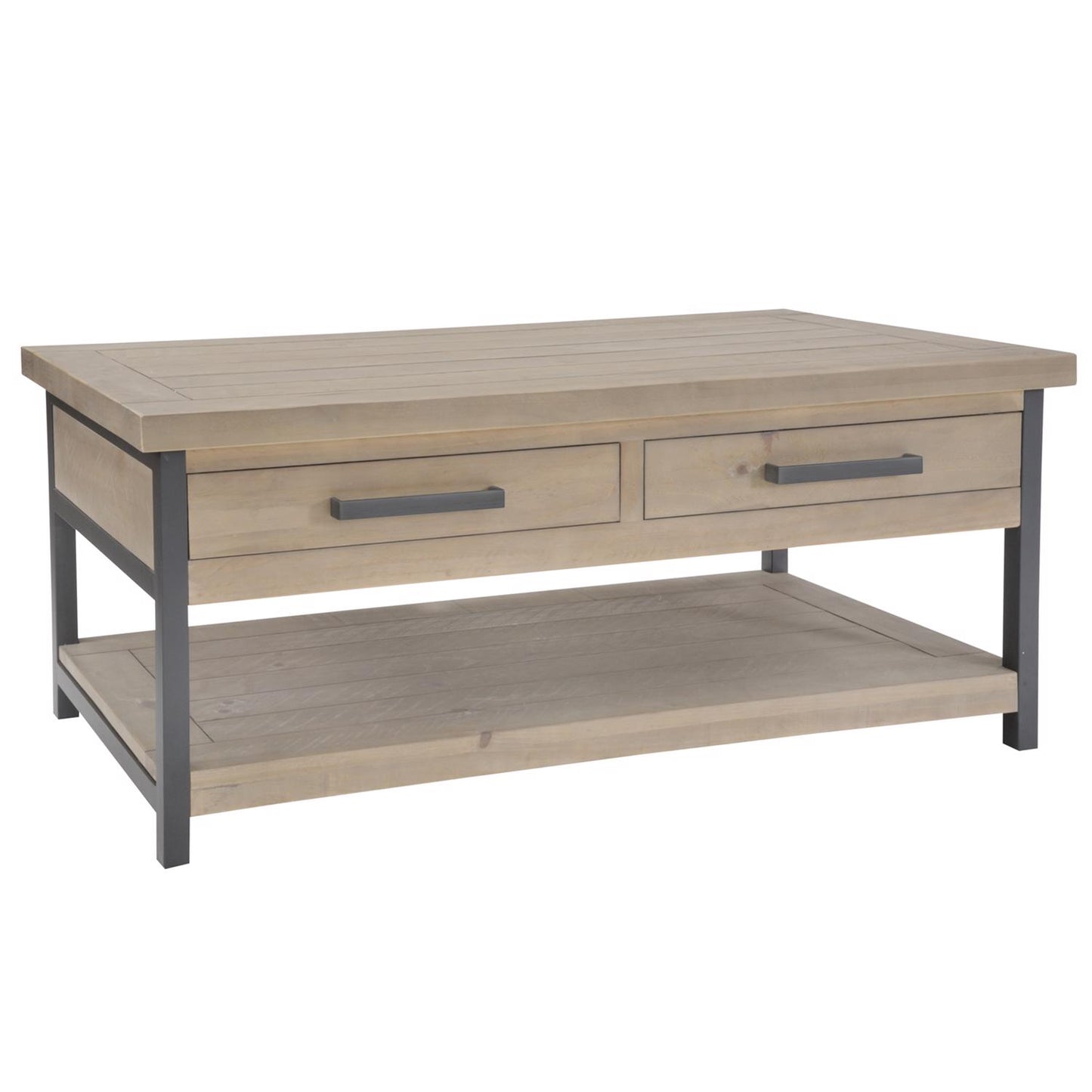 Wooden coffee table with two drawers and a metal frame on a white background