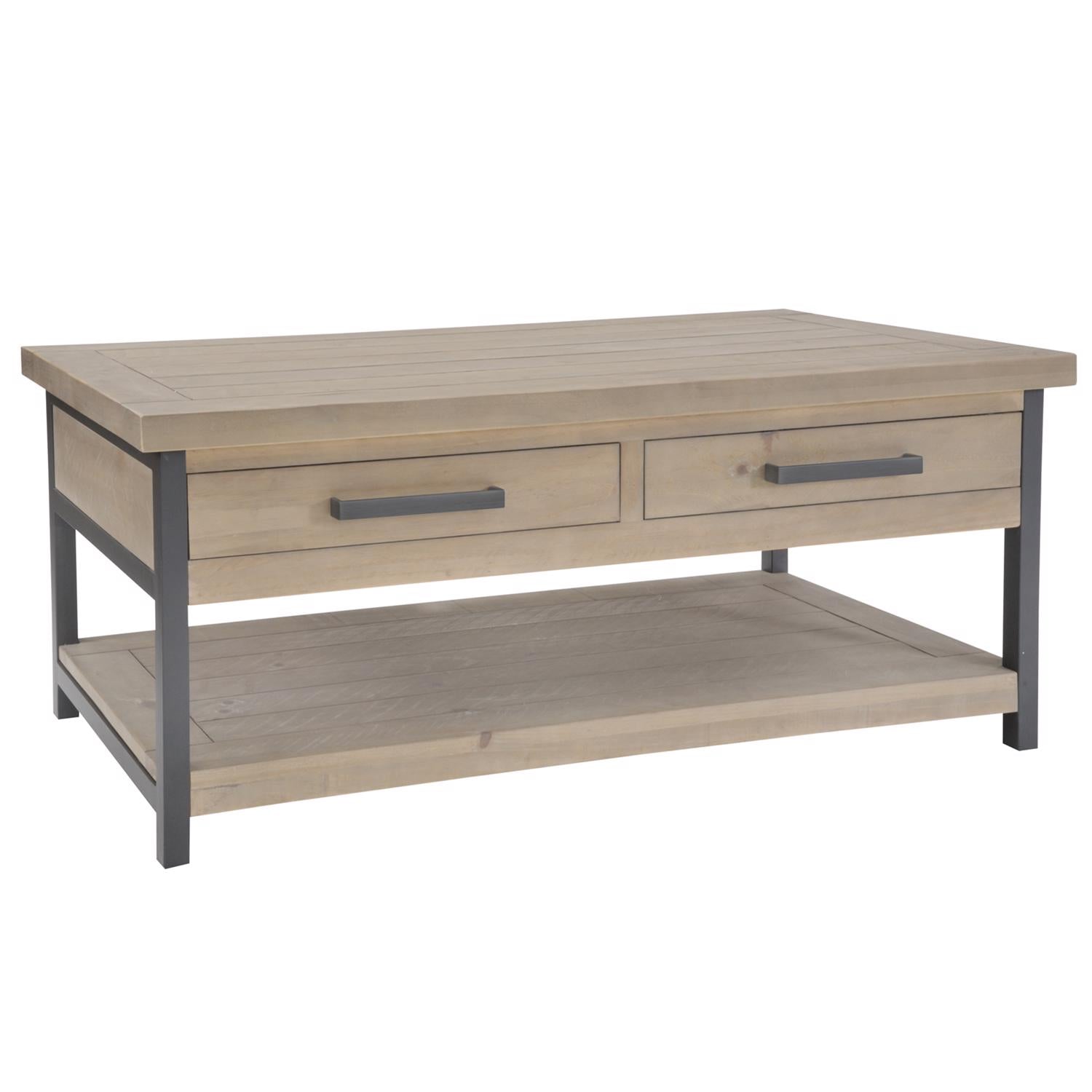 Wooden coffee table with two drawers and a metal frame on a white background