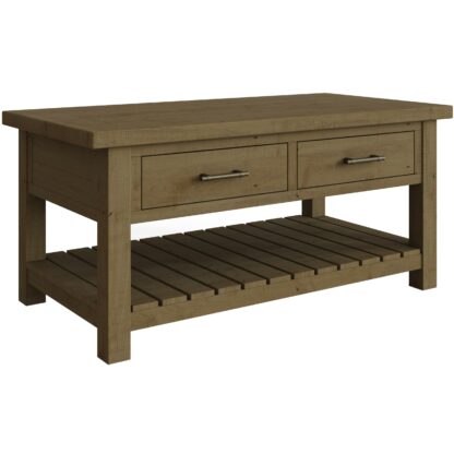 Wooden coffee table with two drawers and an open shelf on a white background