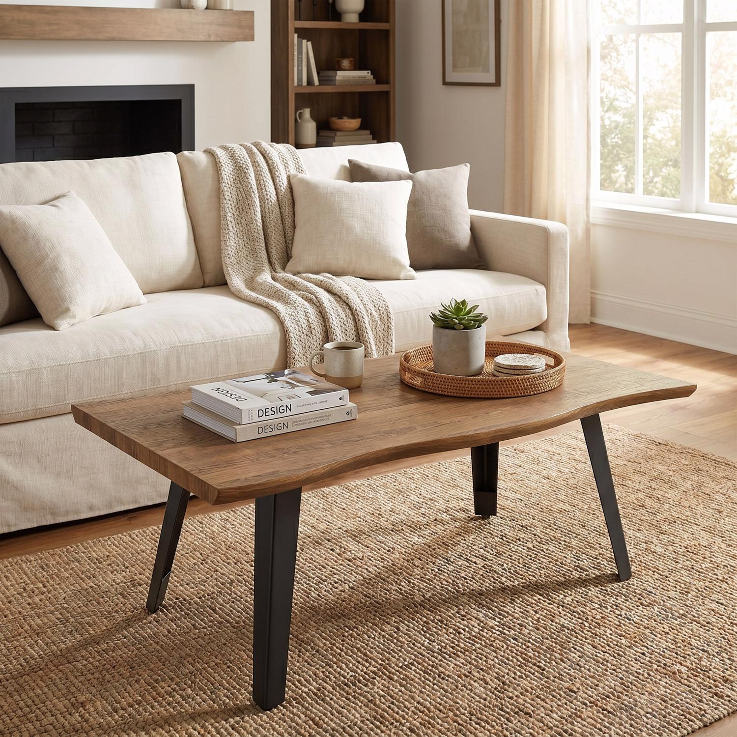 A live-edge wooden coffee table with black metal legs in a bright, modern living room setting.