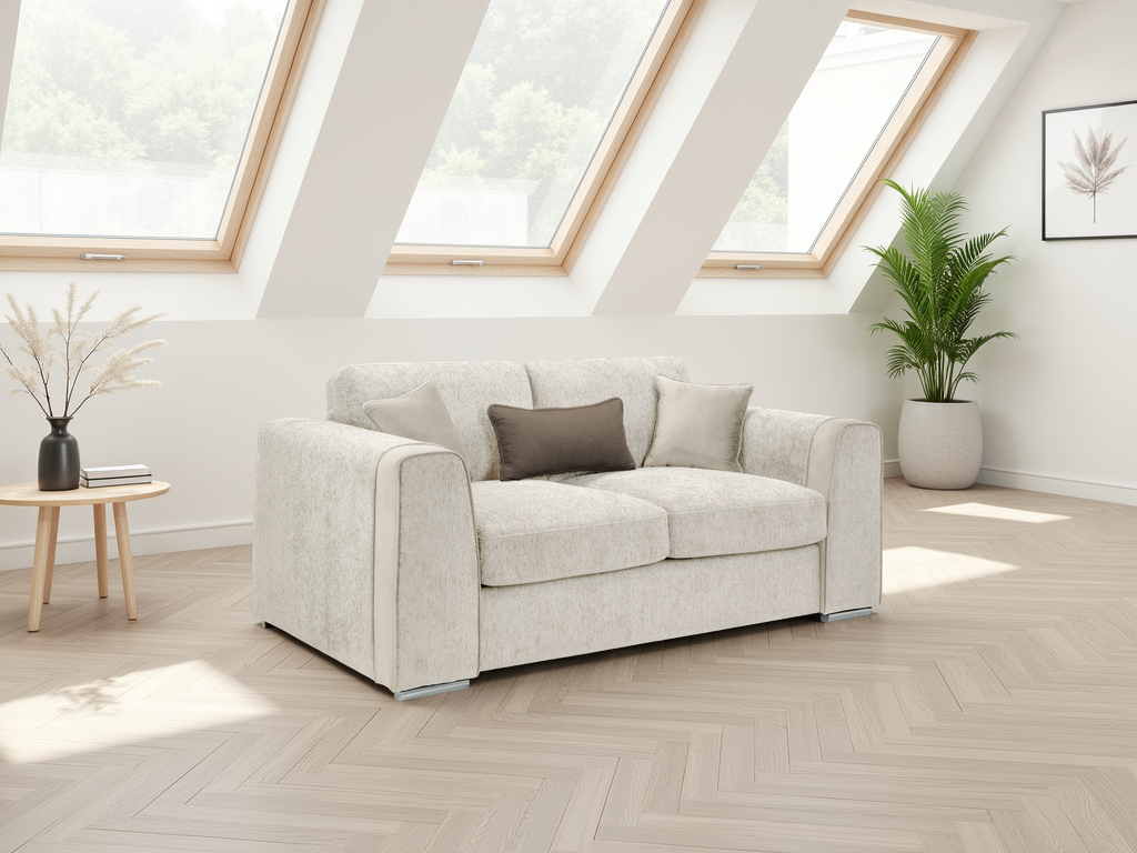 Light beige sofa in a modern living room with skylights and plants.