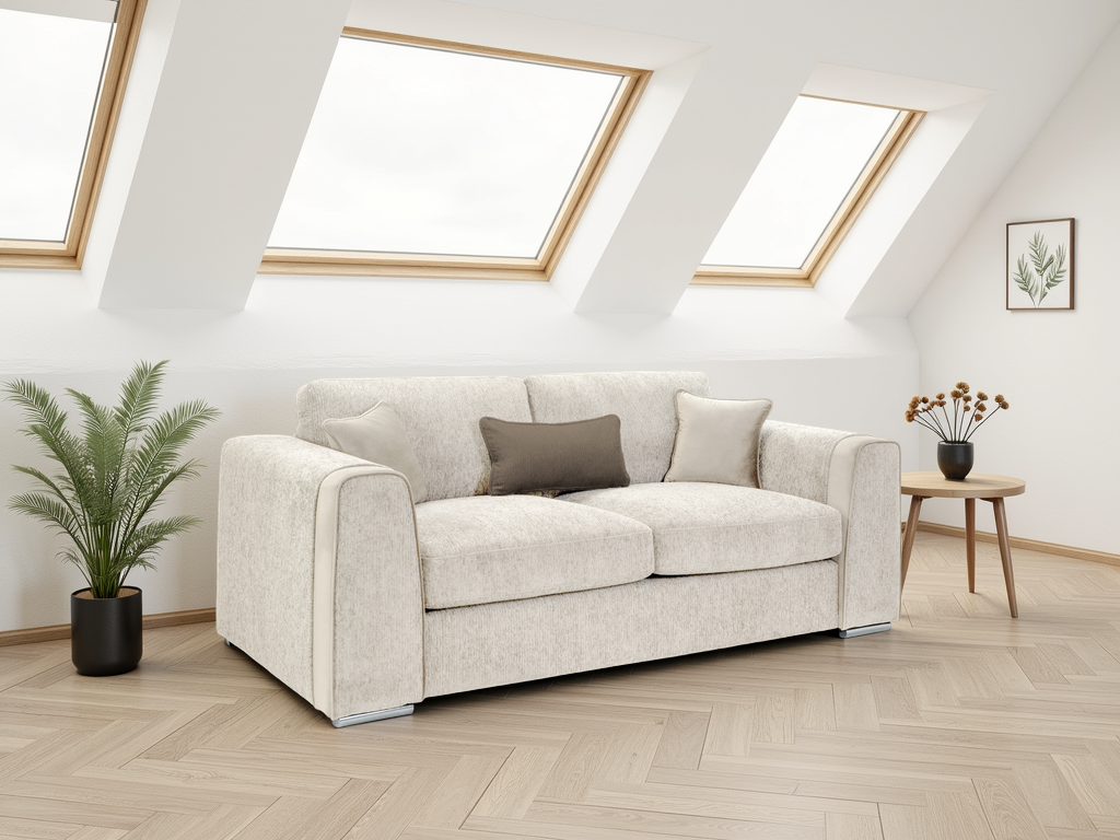 Living room with a beige sofa, small table, and plants under skylights.