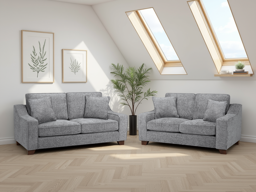 Gray sofa set in a room with skylights and decorative plants.