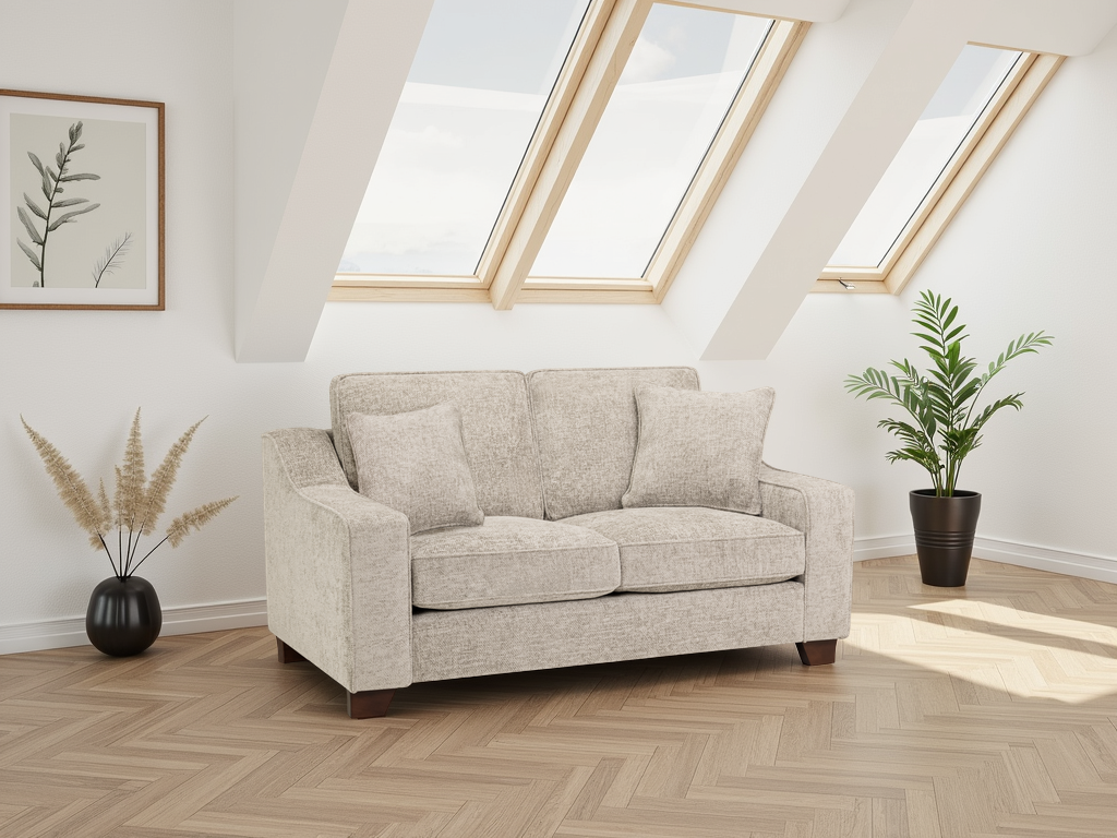 Beige sofa in a room with skylights and decorative plants